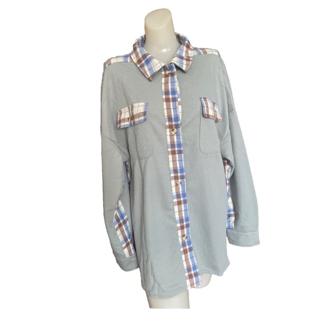 Womens Waffle Knit Plaid Shacket Button Down Shirt Jacket Loose Long Sleeve XL